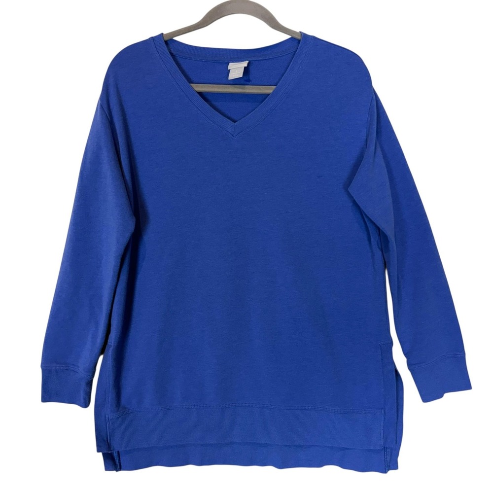 Chico's Zenergy Shirt Womens 1 Blue V‎ Neck Long Sleeve Tunic Pullover Slit Hem